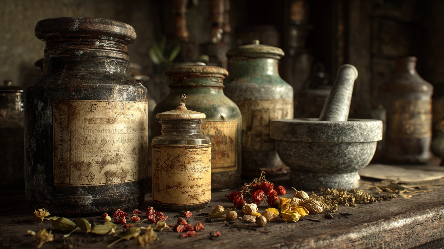 Close-up of ancient spice jars, pestle and mortar, and dried botanicals