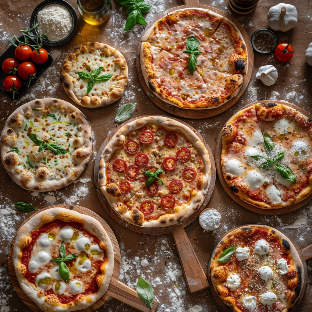 A table of pizza bases, sauces and toppings showing thin, deep, pan, tray and artisan pizza styles.