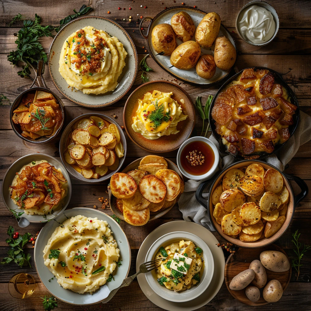 A generous table of potato dishes including mash, chips, jackets, gratins and roast potatoes.